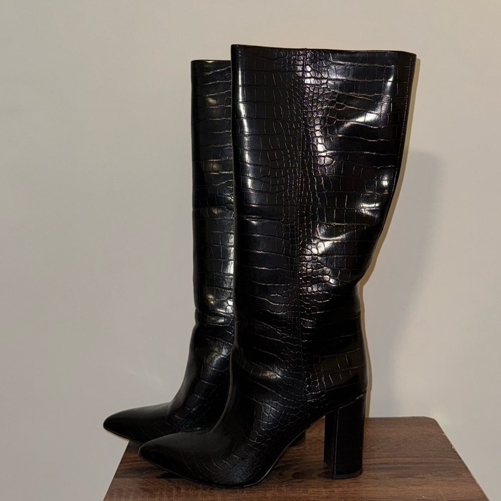 INC International Concepts Black Croc-Embossed Heeled Boots
